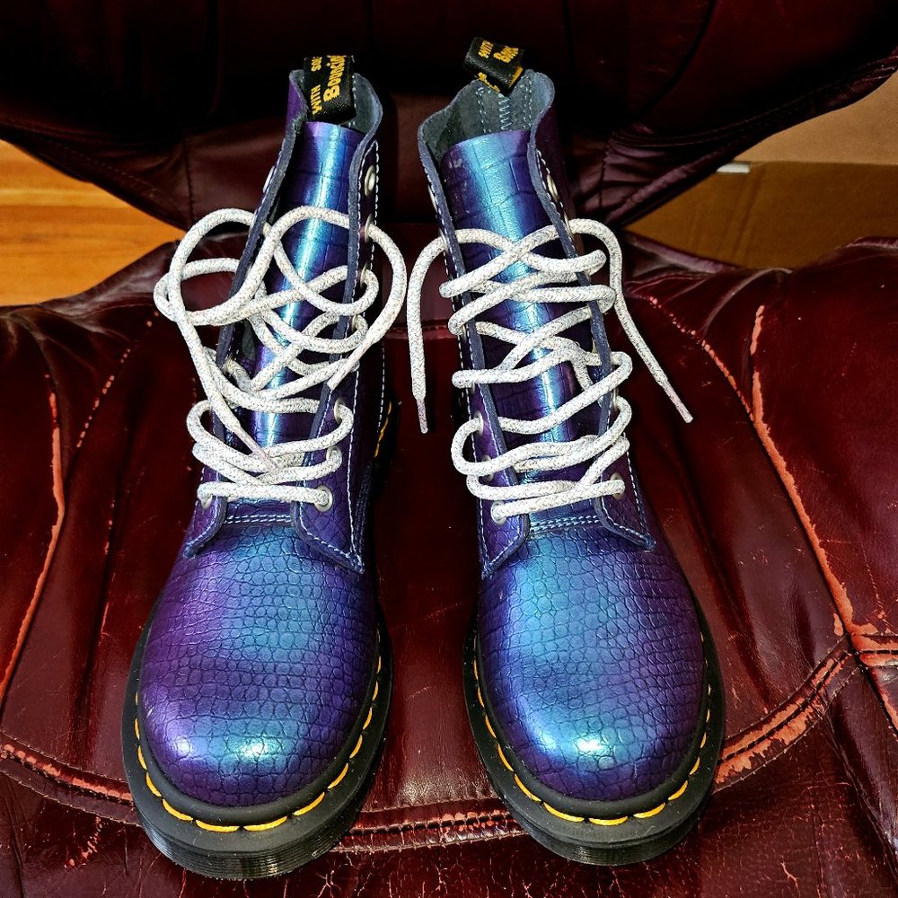 Dr Martens Blue Iridescent Croc LE Ankle Boots, US 6